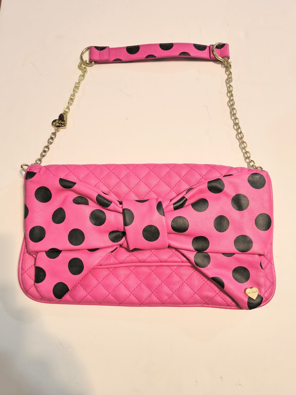 Betsey Johnson Hot Pink and Black Polka Dot Quilted Shoulder Bag with Bow